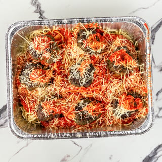 Spaghetti with Keftedes Meatballs Tray (Catering)