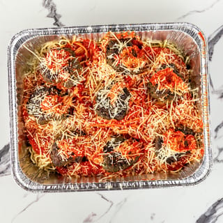 Spaghetti with Keftedes Meatballs Tray (Catering)